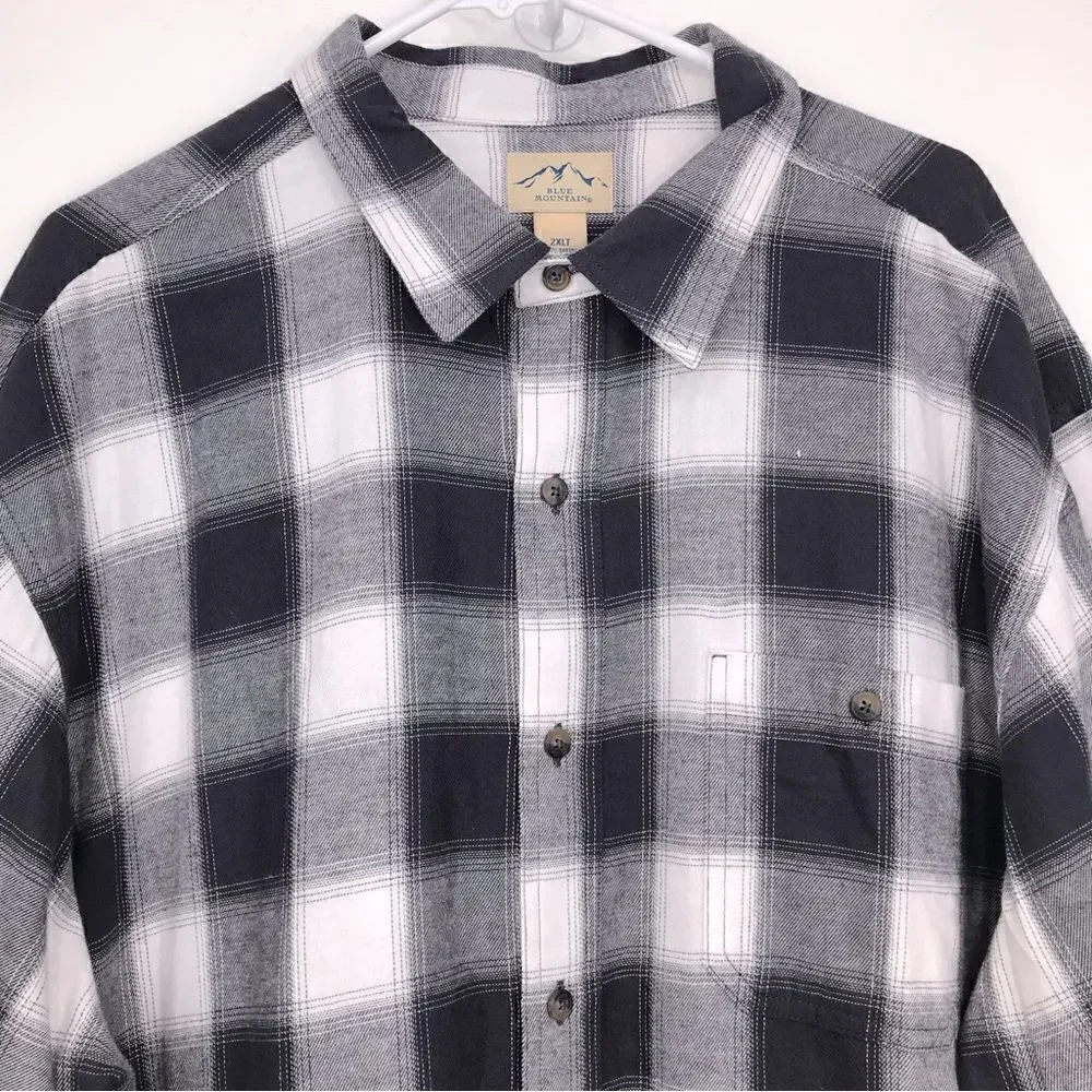 Blue Mountain Charcoal Gray White Plaid Flannel Button Down Casual Shirt